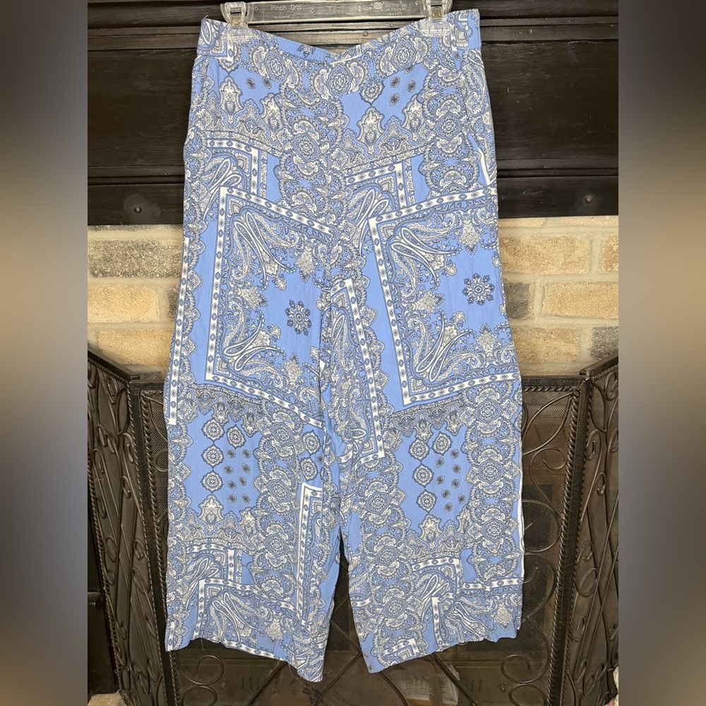 LOFT Light Blue and White Wide Leg Paisley Pants